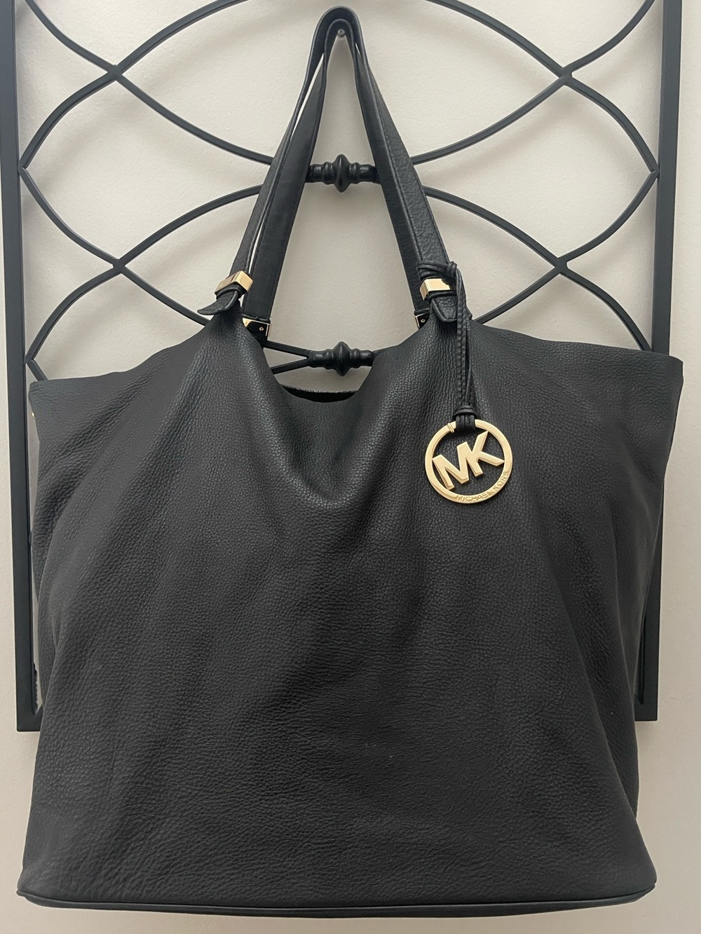 Michael Kors Black Pebbled Leather Tote with Gold MK Charm
